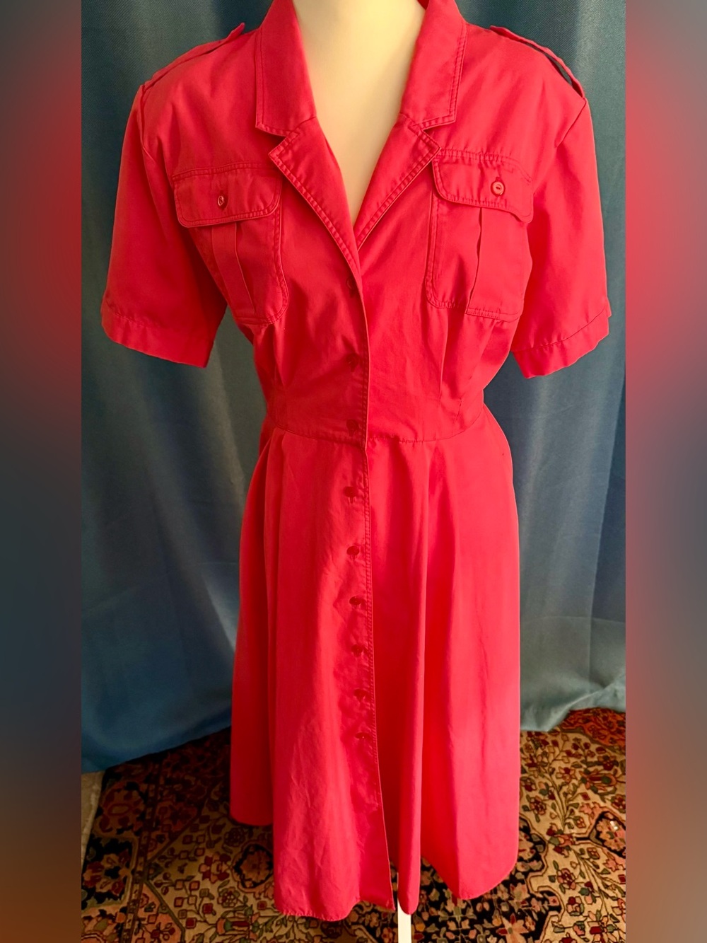Classic Vintage Coral Button-Front Midi Dress with Utility Pockets